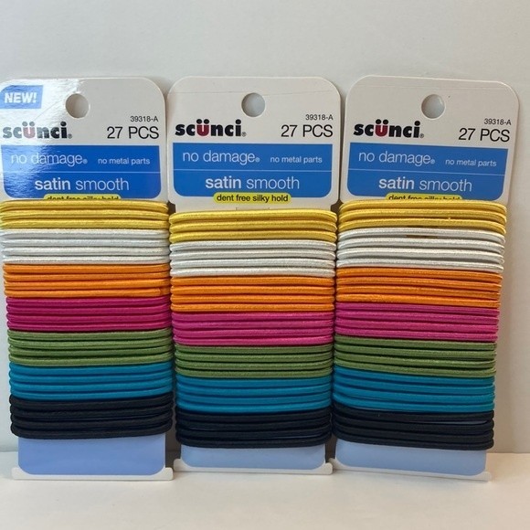 Scunci No Damage Satin Smooth Hair Elastics Pink Blue Green Yellow Black - Picture 1 of 13